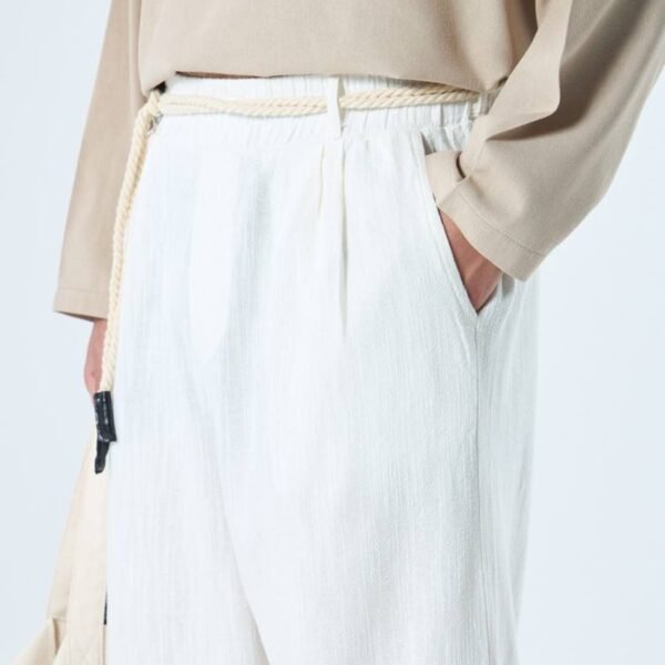 بنطلون قطن بحزام حبل - أبيض